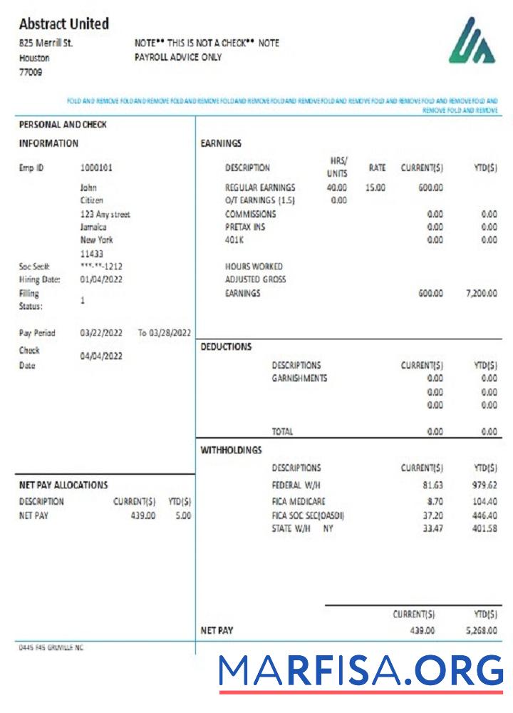 Realistic USA New York Abstract United pay stub example